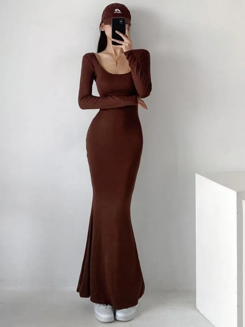 

Sexy Square Collar Fishtail Dress Tight Figure Wrap Hip Long Vestido New Fashion Korean Tops Solid Bodycon Evening Dress Y2k 원피스