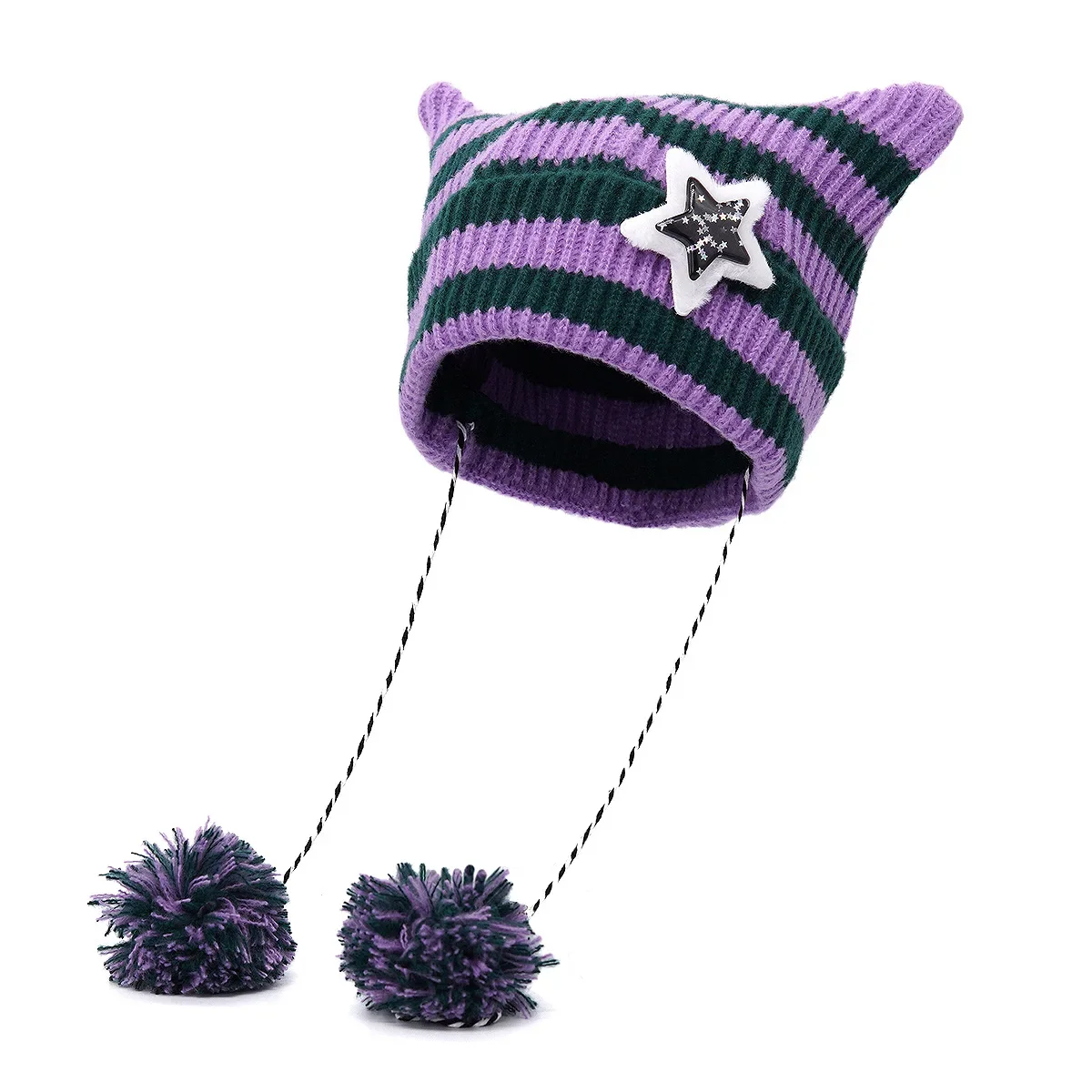 Y2K Japan Designer Handmade Pentagram Wool Beanie Hat Ladies Autumn Spring Warm Cat Ear Knit Stripe Beanie Cap with Pompom 5