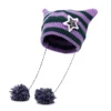Y2K Japan Designer Handmade Pentagram Wool Beanie Hat Ladies Autumn Spring Warm Cat Ear Knit Stripe Beanie Cap with Pompom 5