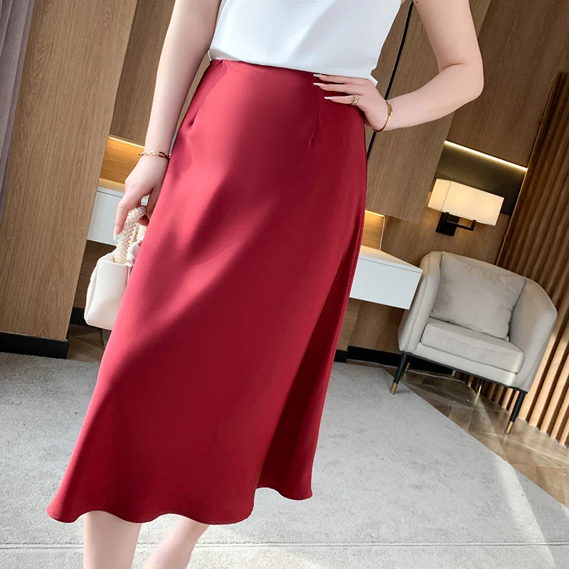 Silk Skirt Women's Spring Summer A-Line Mid-Length Knitt Fishtail Skirt High-Waist Temperament Bottoms Loose and Thin Hip Skirt brown skirt Skirts