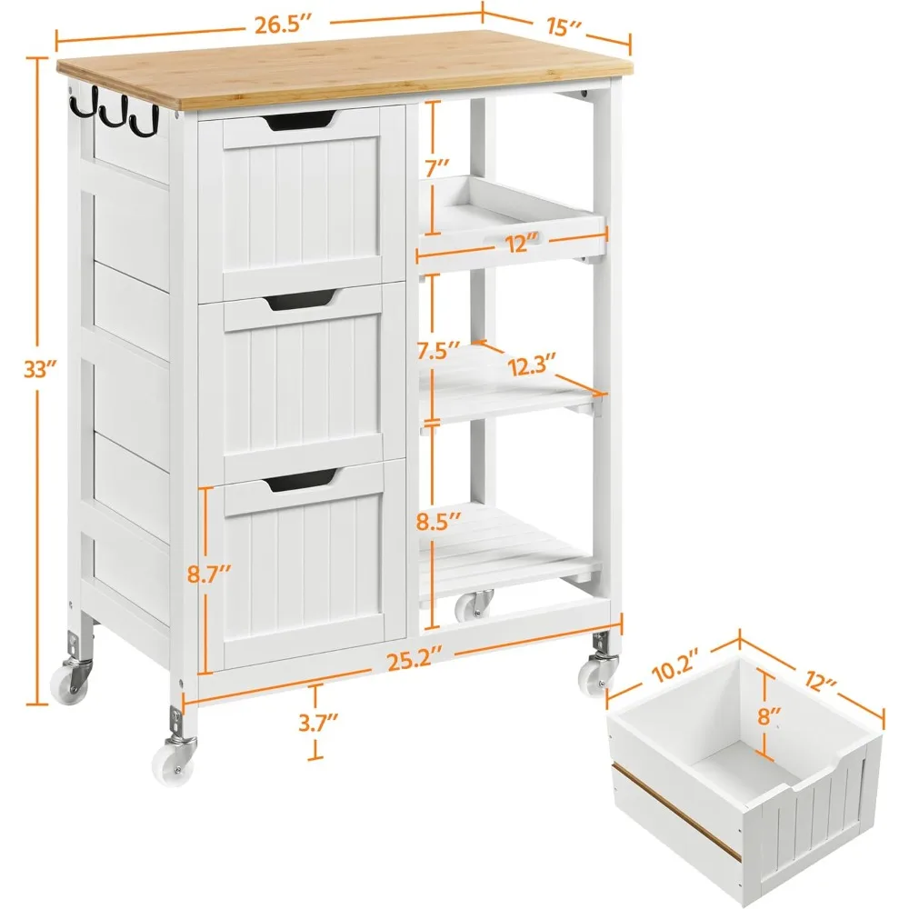 Kitchen island cart on wheels with bamboo countertop, 3 drawers, 3 removable shelves, lockable casters, storage cabinet 2