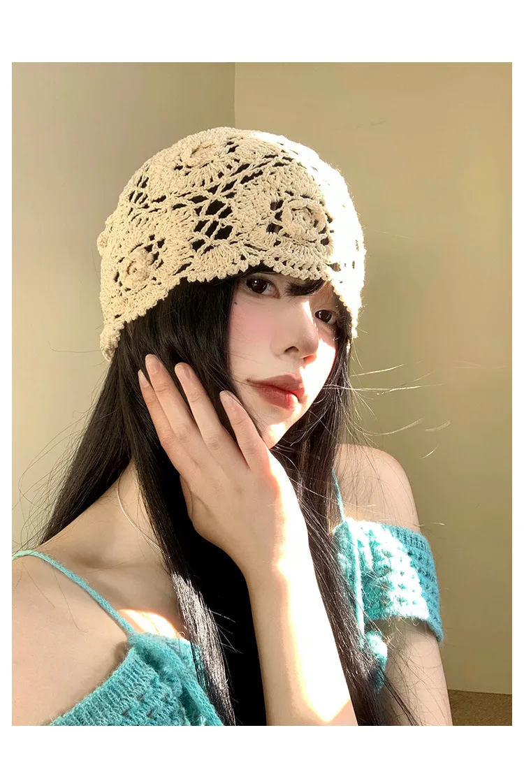 Japanische handgemachte aushöhlen gestrickte Blume Zylinder Damen Frühling Sommer künstlerische vielseitige Kappe Retro Ethno-Stil Pullover Kappe – Detail 6