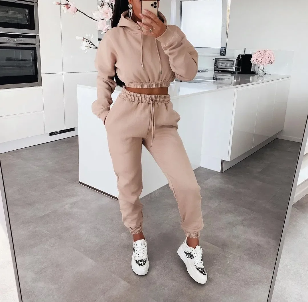 Spring Women Suit Tracksuit Crop Top Short Hoodies Long Sleeve Black Pants Set Female Winter Warm Velvet Casual Sport Suit Lady