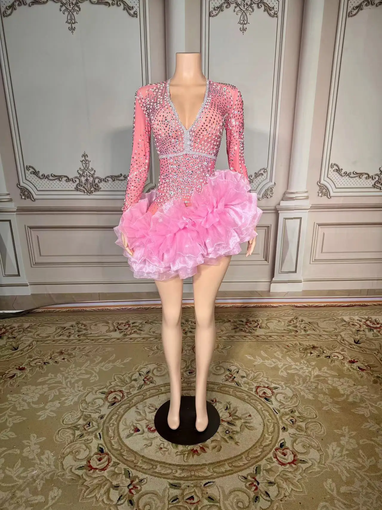 Multi-color Rhinestone Chain Slit Mini Dress Women Evening Party