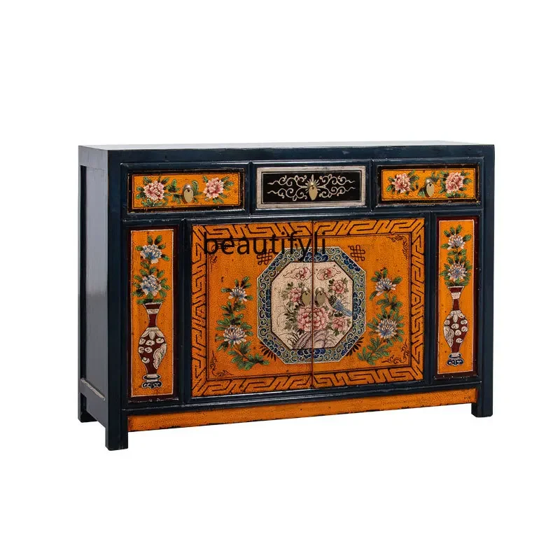 

Solid Wood Sideboard Painted Lacquer Storage Entrance Cabinet New Chinese Style Distressed Living Room Storage Cabinet