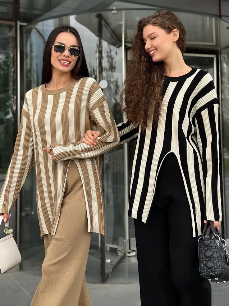 Striped Knitwear Fashion 2 Piece-Set For Women Contrast Long Sleeve Split Straight Trousers Outfits Women's Pants Sets