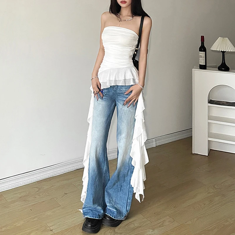 y2k Strapless Top Women Summer Solid Color Off Shoulder Sleeveless Asymmetrical Ruffle Hem Bandeau Vest Streetwear