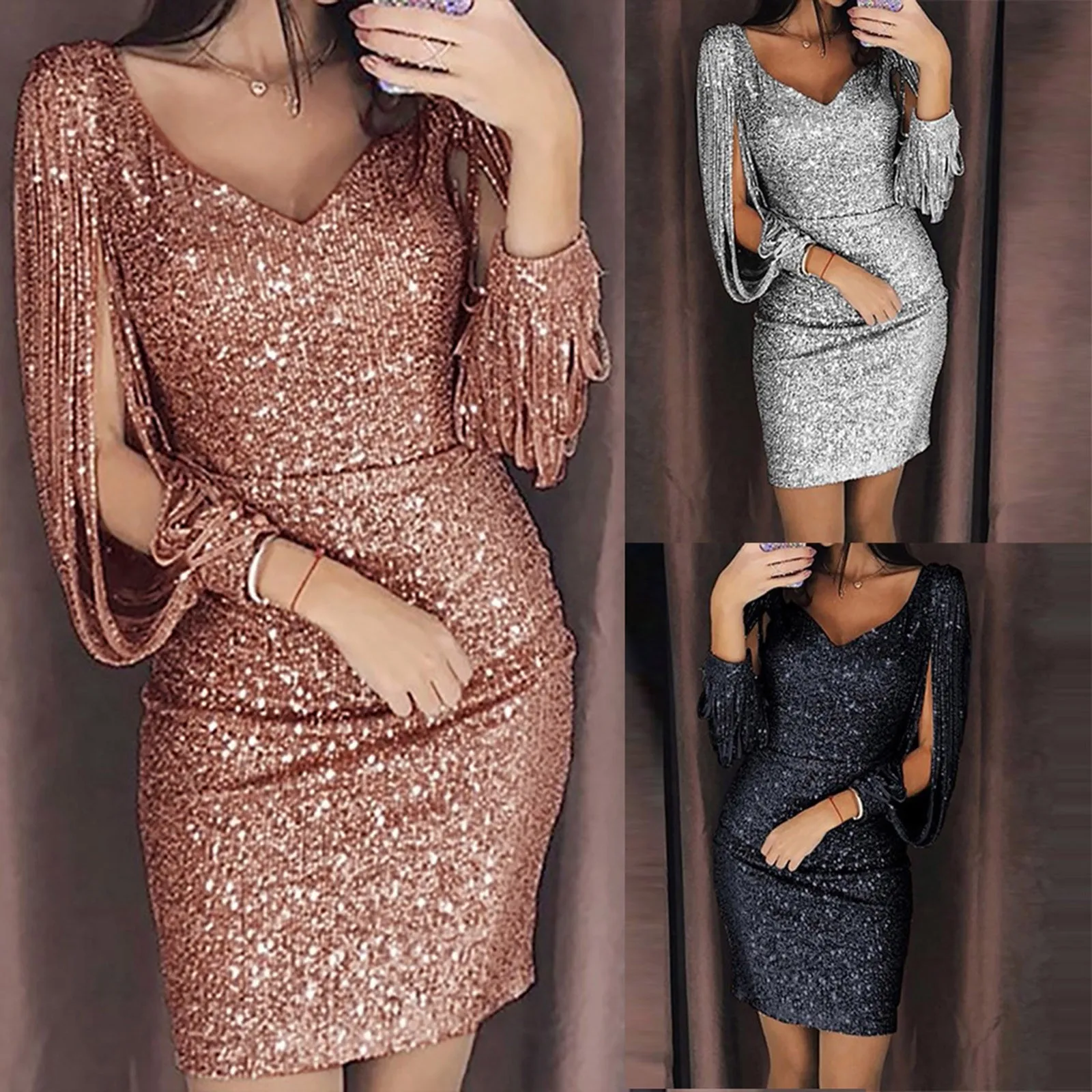 

Women's Long Sleeve Shining Mini Sequined Slimming Dress Sexy V-Neck Tight Fitting Dancing Party Fashionable Dress For Women