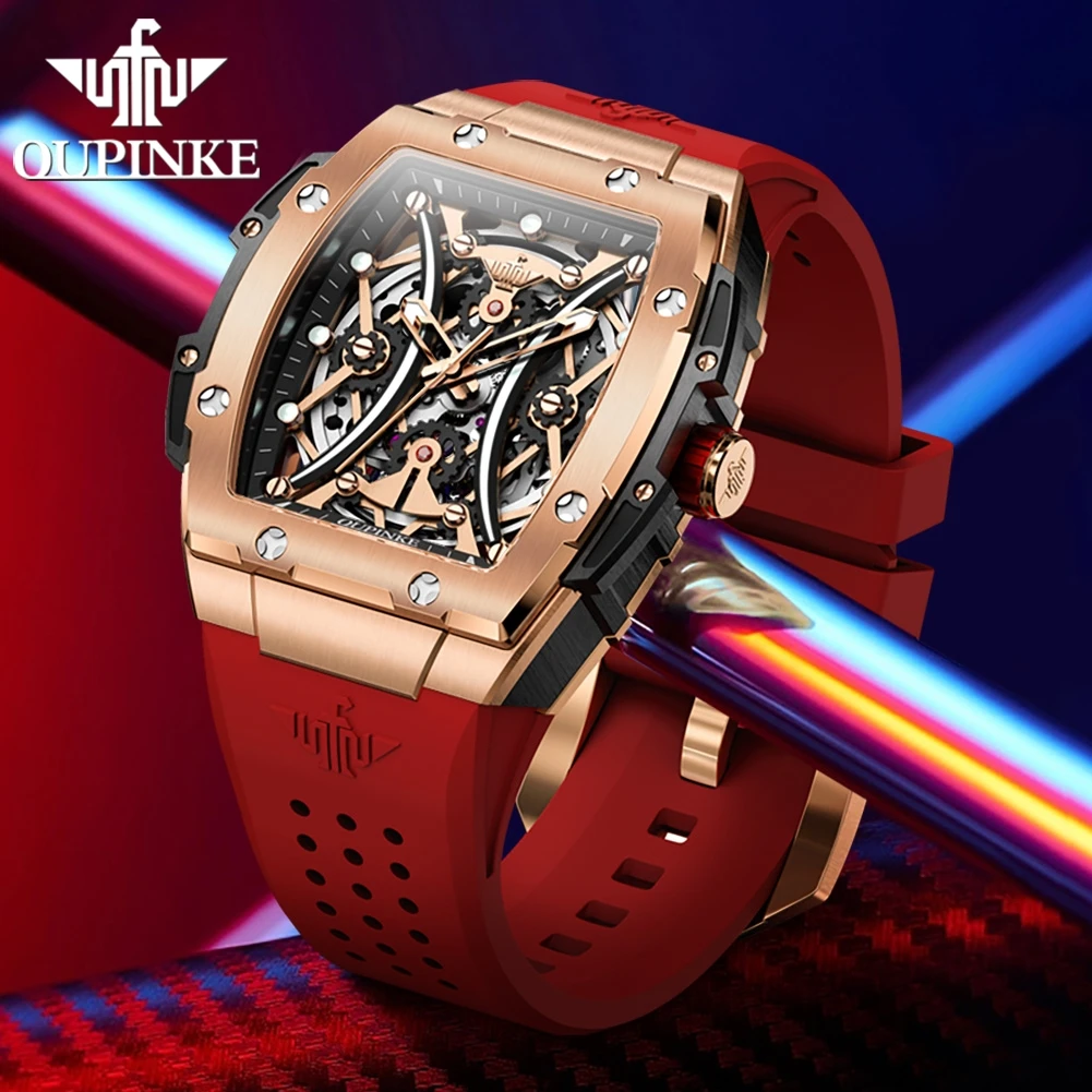 OUPINKE 3215 Automatic Watch For Men Deep Waterproof Big Dial Hollow Mechanical Wristwatch Silicone Strap Fashion Man Watches