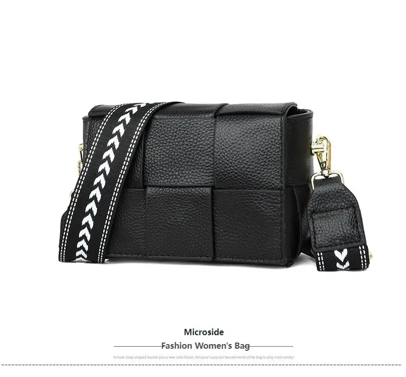 100% Cowhide Women's Shoulder Bags Genuine Leather Woven Crossbody Bags Wide Straps Messenger Bags Fashion Designer Brands Totes