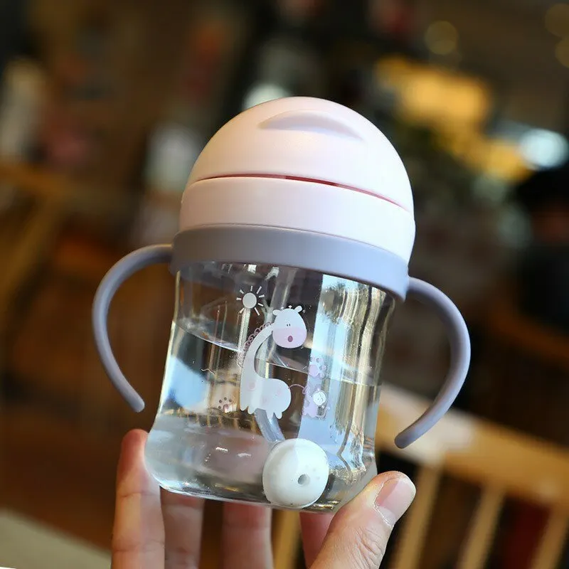 250ml Pink Baby Drinking Cup Feeding Bottle With Straw Gravity Ball Wide Caliber Milk Water Bottle With Handle