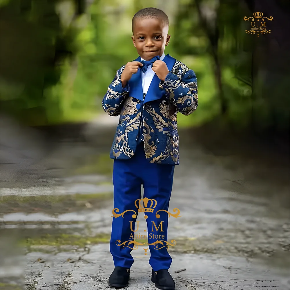 Kids tuxedo 3-piece jacket vest pants royal blue jacquard shawl lapel blazer boys suit wedding dance birthday party