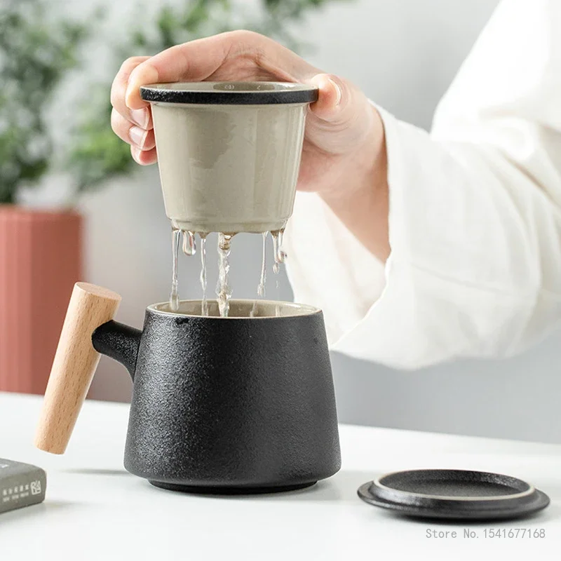 Creative Ceramic Mug with Wooden Handle, Filter Screen, Tea Water Separation, Black, White, Green, Home, Office Cup, 1Pc