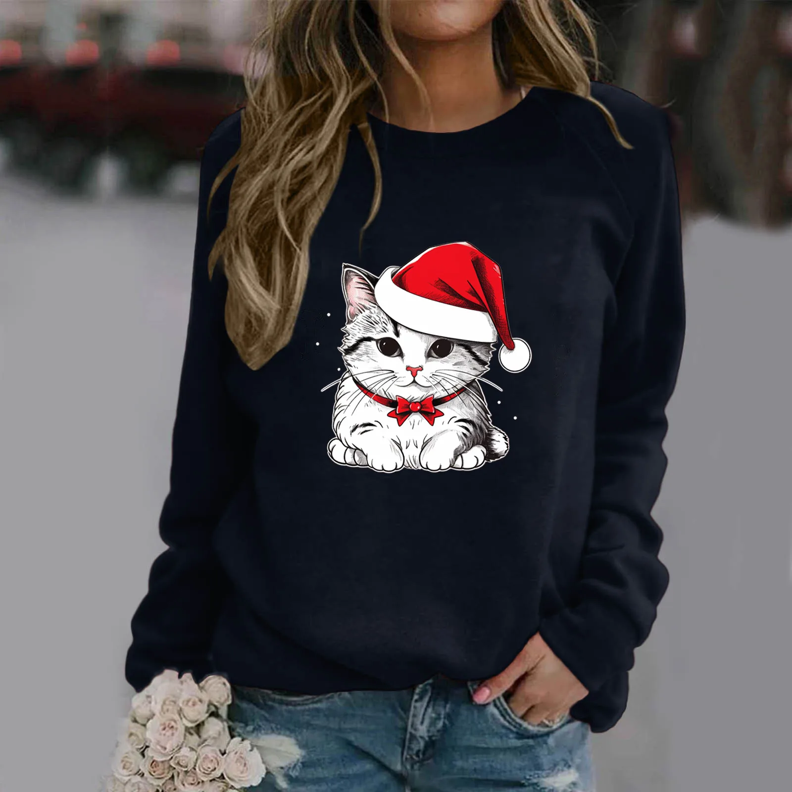 

Women's Christmas Casual Round Neck Raglan Long Sleeve White Christmas Hat Little Gift Knot Cat aesthetic Kpop Egirl vintage