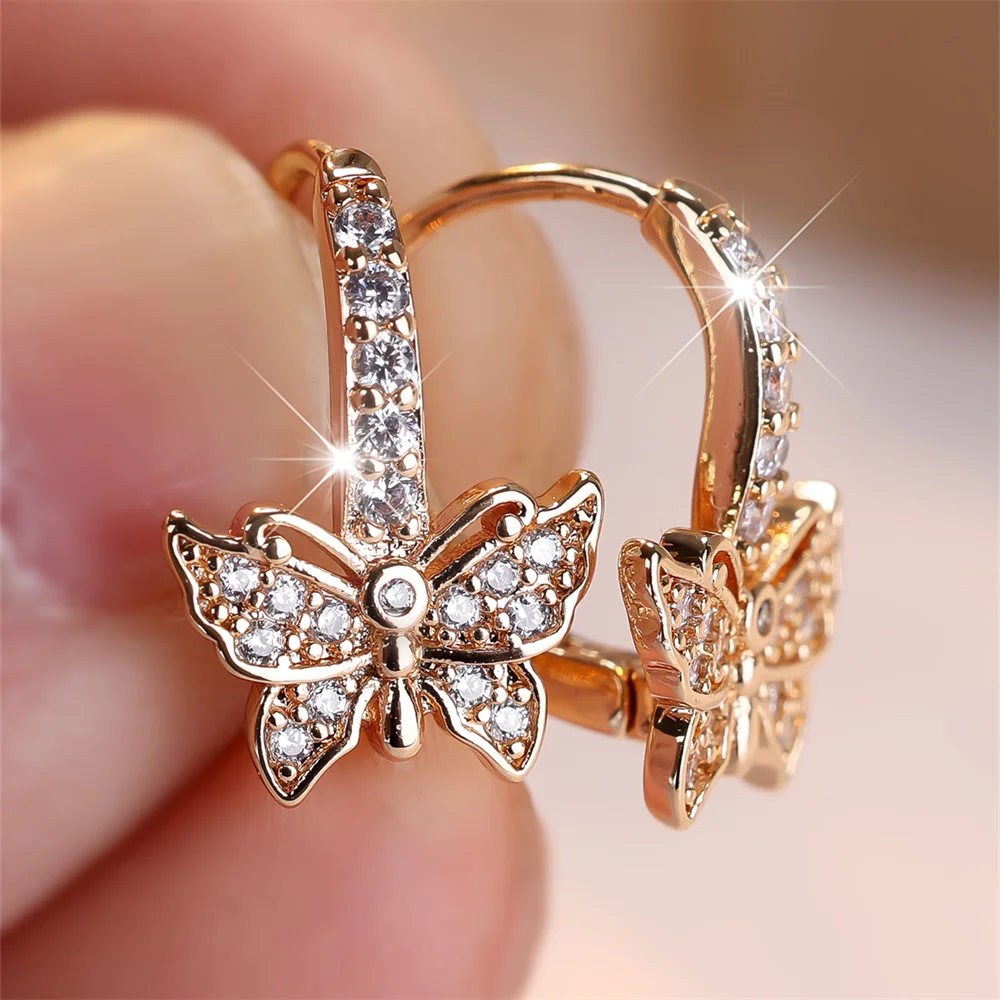 Cute Small Butterfly White Zircon Hoop Earrings For Women Vintage Gold Color Animal Ear Buckle Wedding Jewelry Versatile Gifts