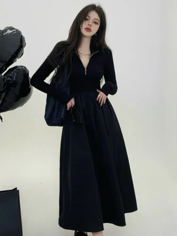 

Autumn Casual Women Solid Black Midi Dress 2023 Long Sleeve New Lady Party Pathchwork Maxi Dresses Female Vintage A-line Robe