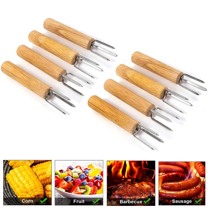 1/3/4 Pieces Corn Holders Stainless Steel Wooden Handle Skewers BBQ Anti Scalding Fruit Forks Outdoor Garden Picnic Cooking Tool
