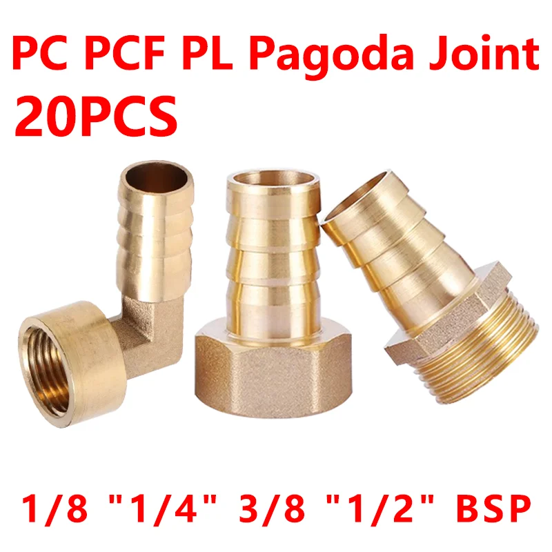 

20Pcs PC PCF PL Pagoda Connector 6 8 10 12 14 16mm Hose Barb Connector Hose Tail Thread 1/8 1/4 3/8 1/2 BSP Brass Pipe Fitting