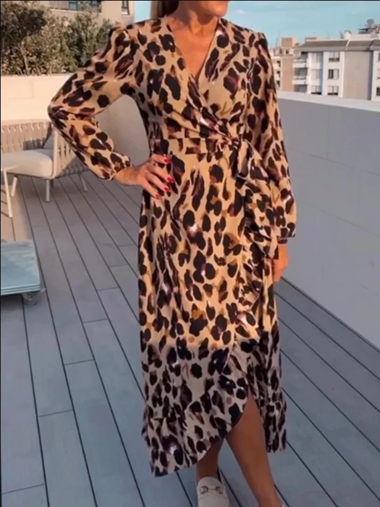 

Женские Элегантные платья, осень 2023, темпераментный сексуальный халат, рубашка с длинным рукавом, платье с принтом, вытягивающее асимметричное длинное платье