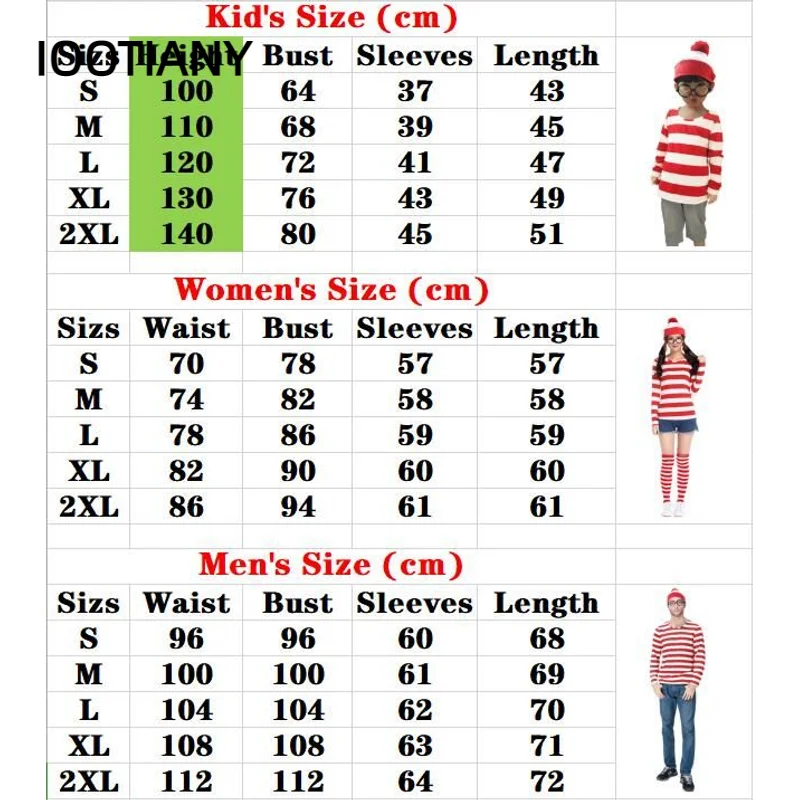 S-XXL Parent-Child Cartoon Where is Wally Waldo Costume Waldo Book Week Cosplay Outfit Stripe Shirt Hat Glasses Kit cosplay costume