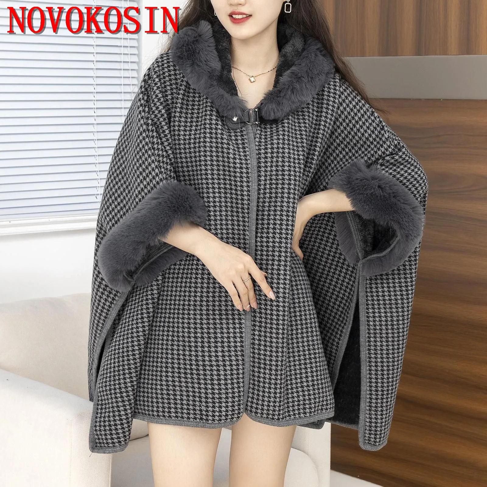 

2023 Houndstooth Poncho Women Overcoat Long Cloak Winter Big Pendulum Faux Rabbit Fur Collar Cardigan Cape Loose Streetwear Coat