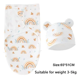 Cartoon Print Cotton Baby Blanket and Hat Set - Adjustable Newborn Swaddle Wrap (Beige)