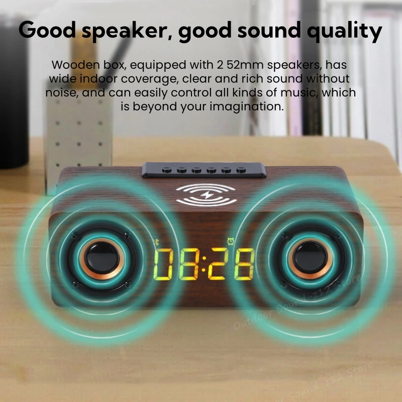 Multifunction Desk Table Led Digital Display Alarm Clock FM Radio Blue-tooth BT 5.0 Speakers with Cell Phone Wireless Charger
