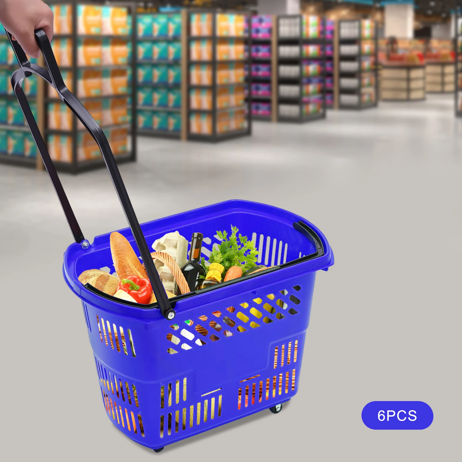 35L 6PCS Shopping Carts W/ Wheels & Handle Blue Plastic Rolling Portable Shopping Basket Set for Supermarkets Retail Stores