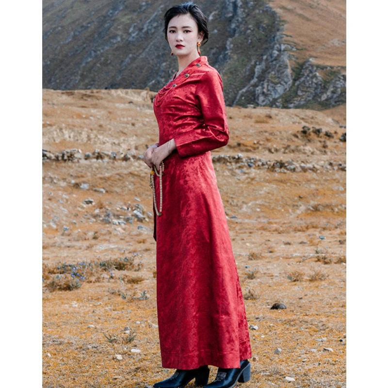 

Tibetan Dress Women Red Long Sleeve New Bora Lhasa Gown Ladies Traditional Asian Clothes Oriental Elegant Tibetan Clothing