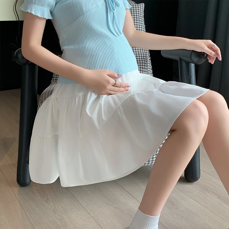 Maternity Cake A-line Skirt Pregnancy Women Cute Pleated Puffy Skirt Elastic Waist Solid Color Casual Korean Fashion Short Dress