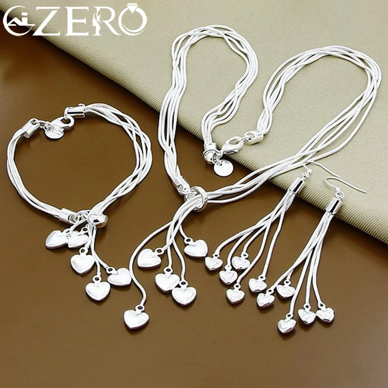 ALIZERO 925 Sterling Silver Heart Snake Chain Necklace Bracelet Earrings Set for Women Wedding Engagement Party Jewelry Gifts
