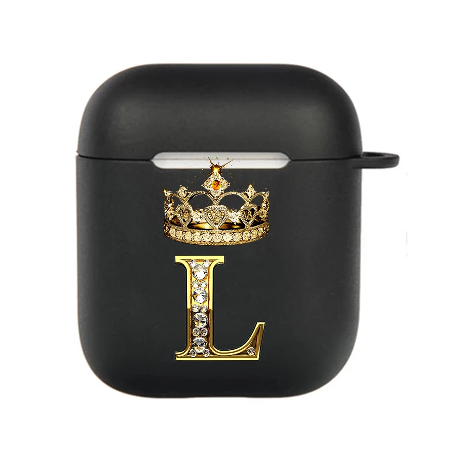 Diamond Crown Letter Hook Case - Black TPU Soft Earphone Cover