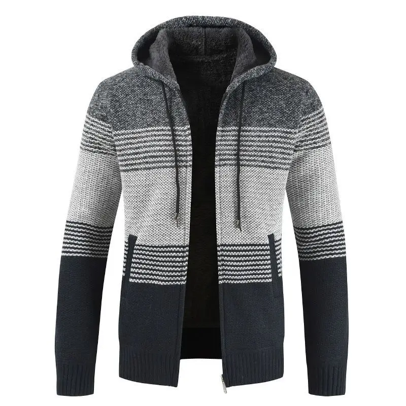 2023 Autumn and Winter Men's Business Casual Thickened Hooded Pocket Jacket Knitted Korean Loose Casual Versatile Coat