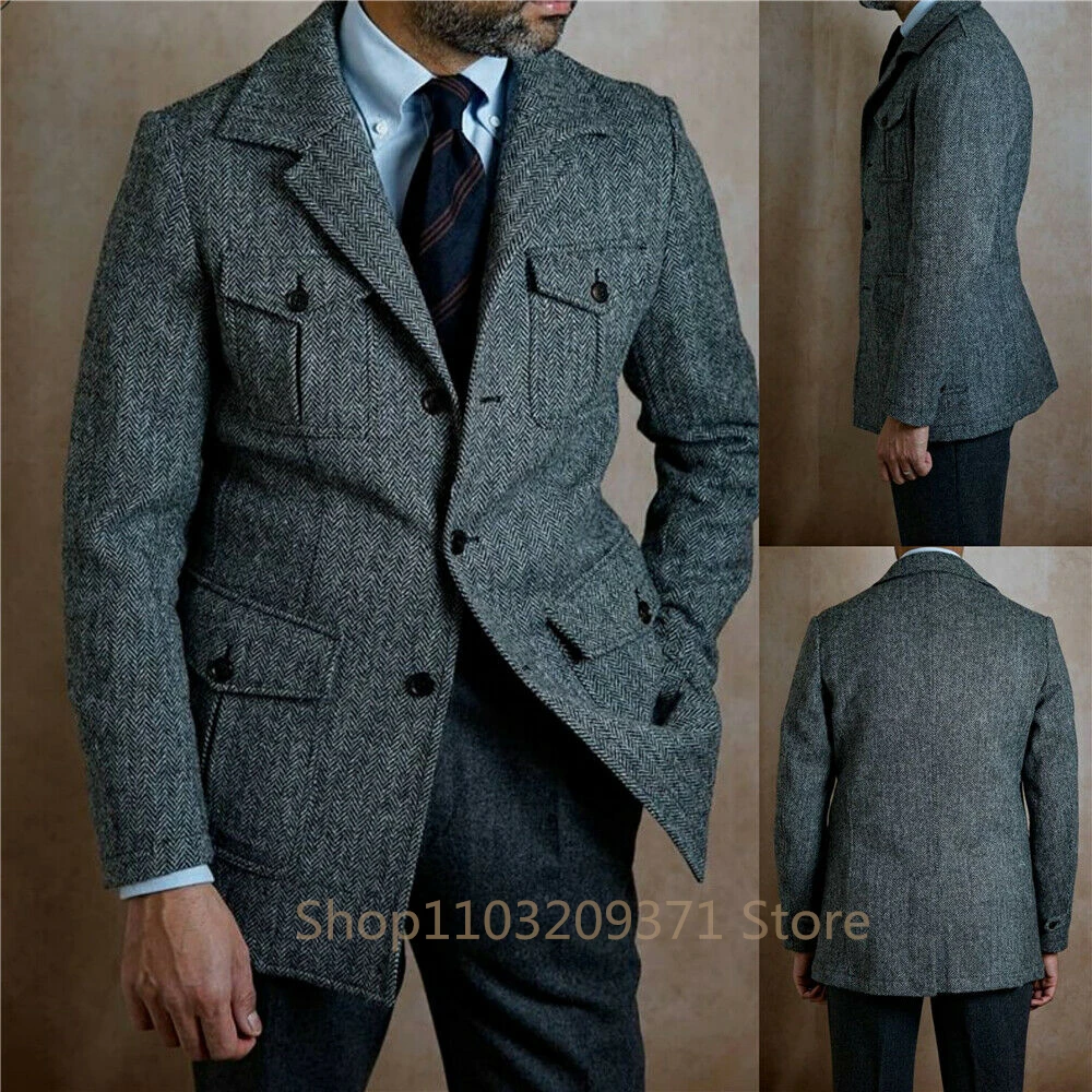 Male Suit Gray Men's Jacket Dark Gray Herringbone Wool Tweed Lapel Collar Single Breasted Formal Bussiness Jacket for Wedding
