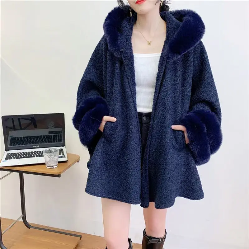 Women Winter Loose Double Turn Fur Sleeves Poncho Big Pendulum Thicken Capes Oversize Cloak Granular Velvet Long Coat With Hat