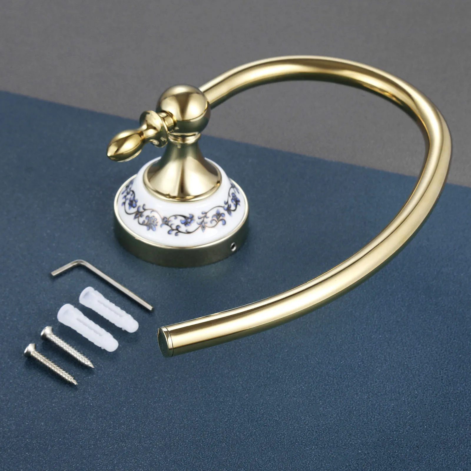Towel Ring Hook Hand Holder Wall Mounted Rack Golden Blue&White Porcelain Stainless Steel Old European Palace Style Decor Home