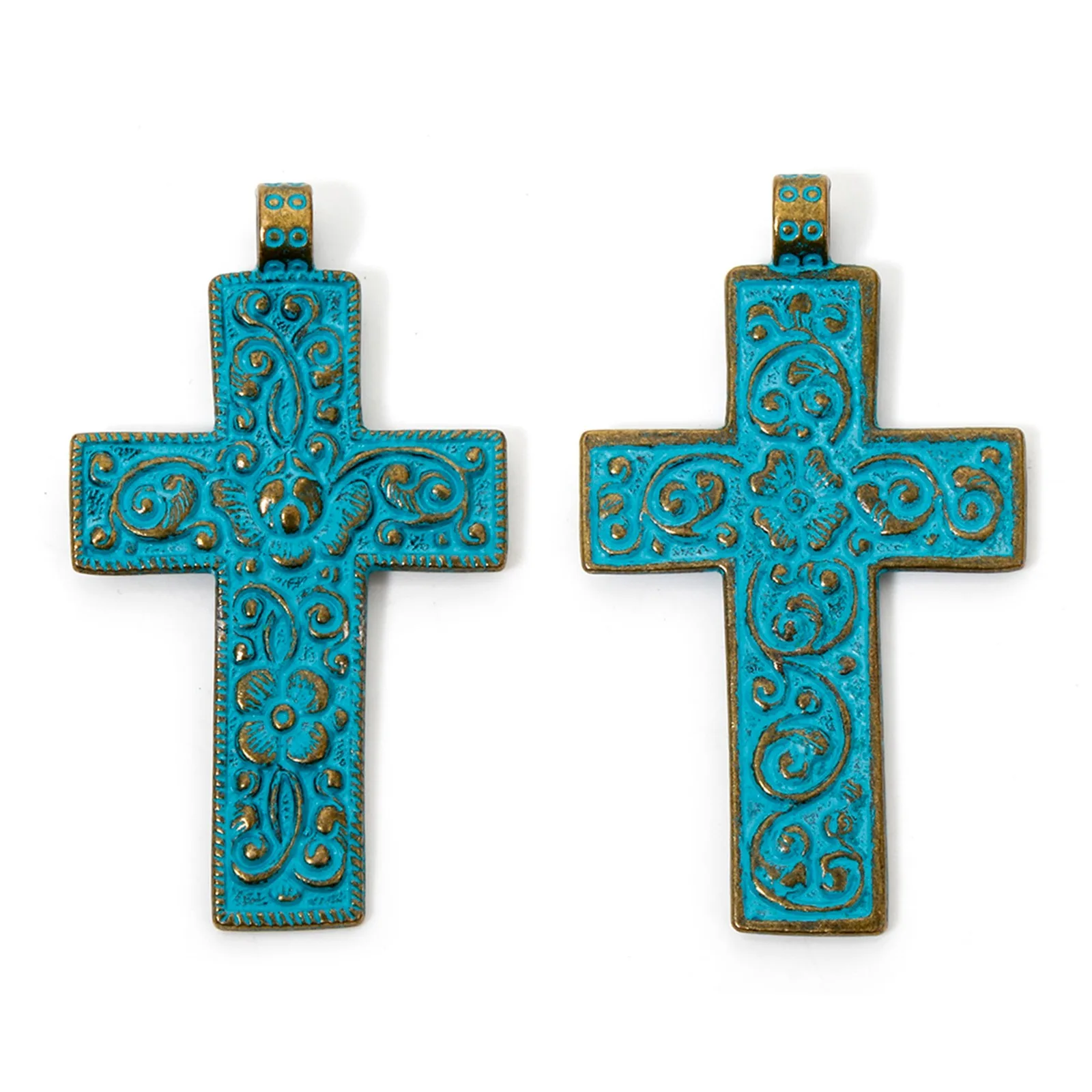 2 stücke religiöse Anhänger antike Bronze blau Kreuz Jungfrau Mary geschnitzte Muster Patina Charms für DIY Halskette Schmuck 7,6 cm x 4,4 cm – Detail 1