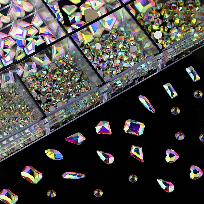 Nail Art Rhinestones Glass Crystal Nail Art AB Gem Rhinestones 12Grids Mixed shapes Heart Flat Bottom Crystal 3D Jewelry Charms Diamond Nails Supplies