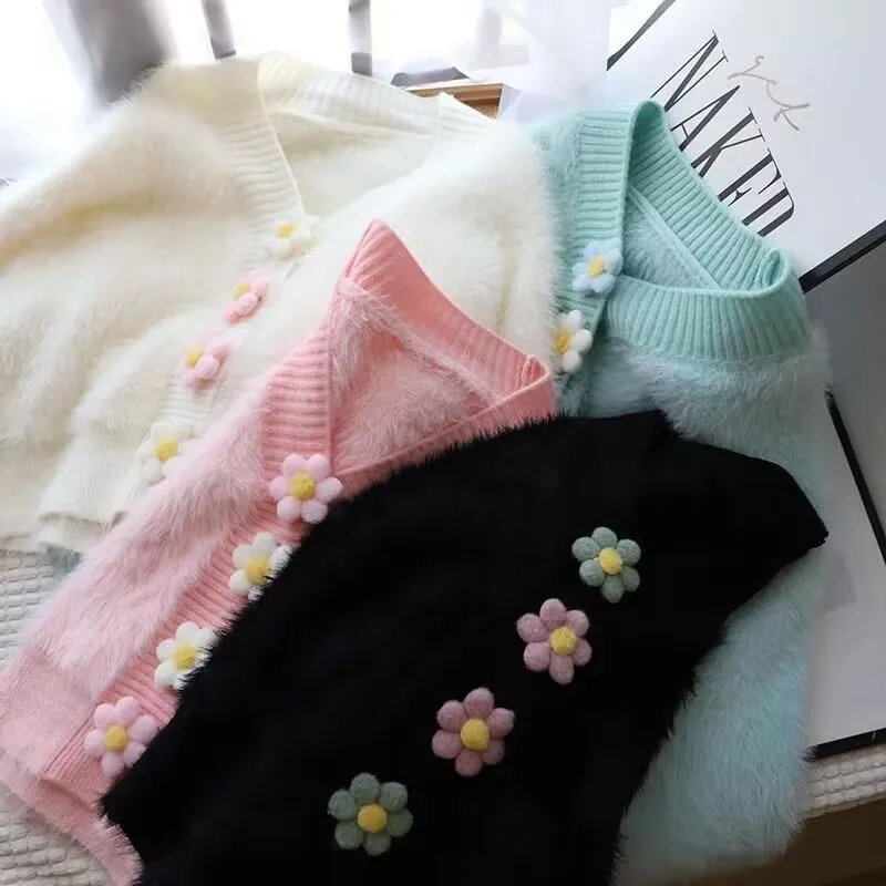 

Autumn Winter Fluffy Sweater New Flower Pink Mink Cardigan Women Short Ladies Loose V-Neck Sweater