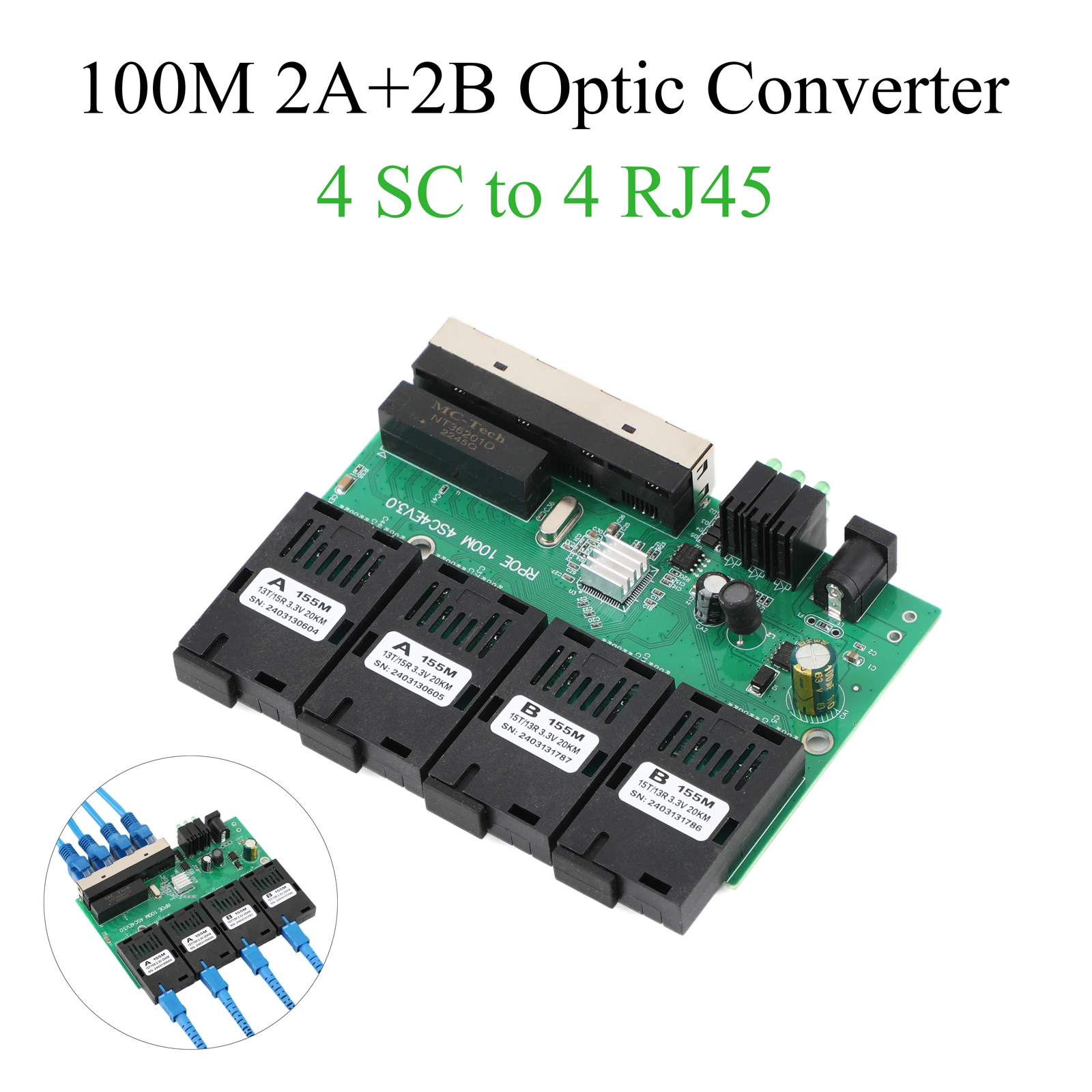 PCBA Board 10M/100M Optic Media Converter 4RJ45 to 4SC 2A+2B Fiber Optic Connector 1310nm/1550nm Ports 20KM Ethernet POE Switch