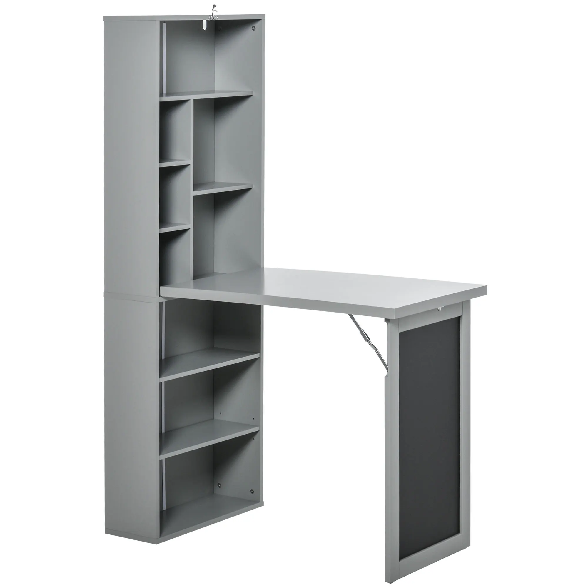 Homcom Fold-Out Convertible Office Desk, Wall Mount Computer Desk with Blackboard and Side Shelf, Charcoal Gray