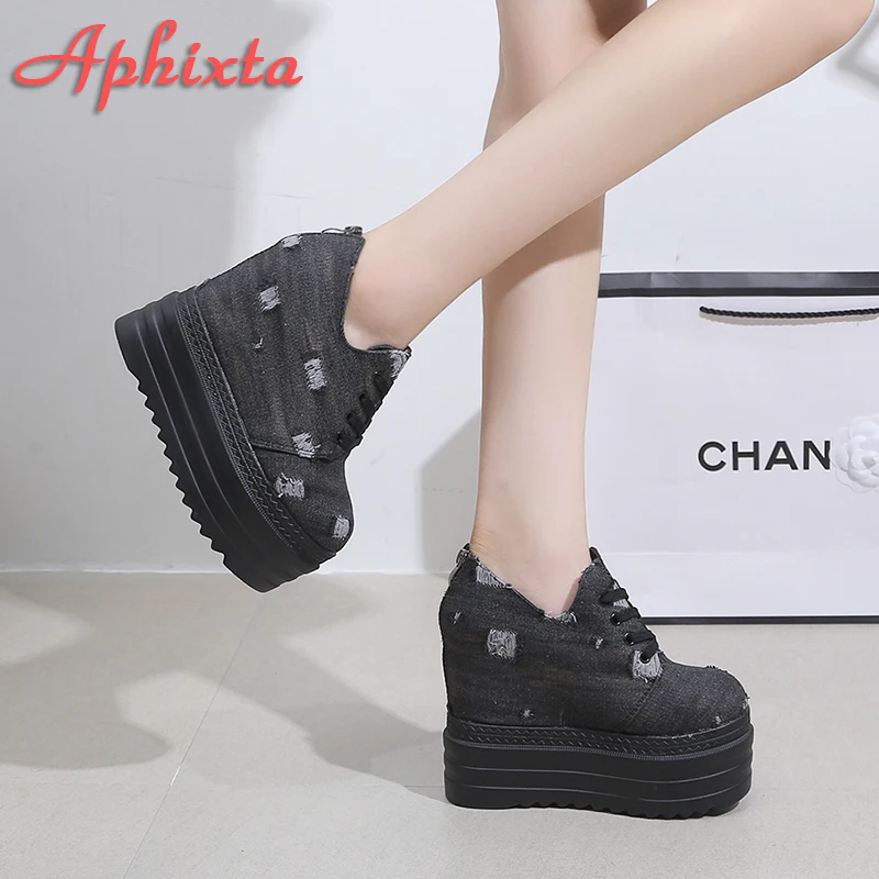 Aphixta Blue Denim Upper Platform Ankle Boot Height Increasing Women Back Zip Shoes Thick Botton Sole Lace Up botas mujer