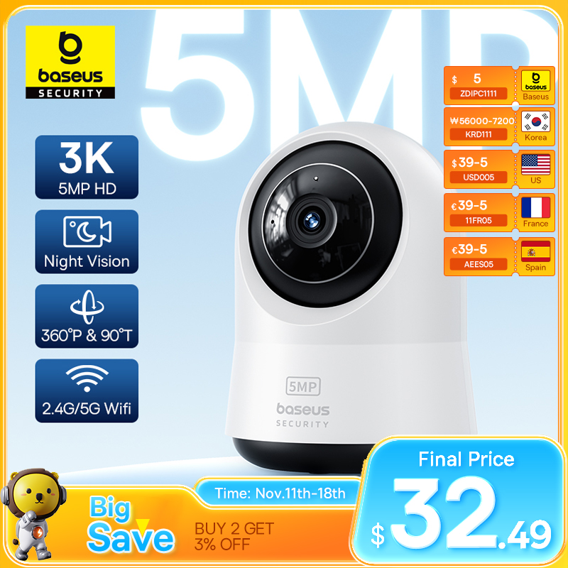 Baseus 5MP 3K WiFi IP Camera 2.4G/5G Wireless Indoor Security Protection Pan&Tilt 8x Digital Zoom Mini Cam Surveillance Cameras