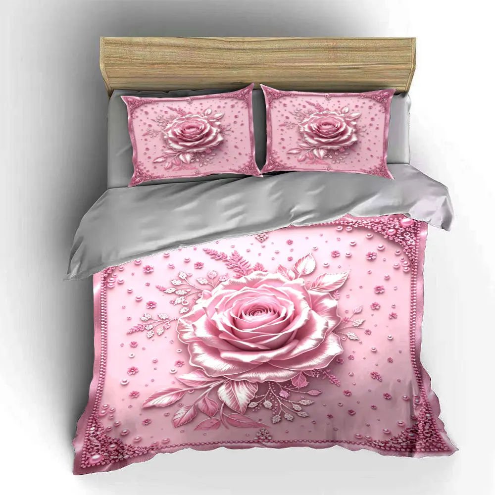 3D Pink Rose Embossed Bedding Set 3PCS Pearl Floral Print Duvet Cover with Pillowcases Luxury Romantic Style for Bedroom, Gift 5