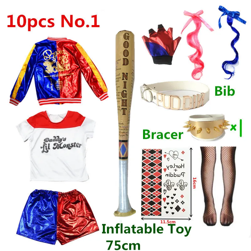 Women's Costumes Harleen Quinzel Cosplay Costumes Харли Куинн Kids Girls Halloween Carnival T Shirt Bracer Joker Jacket Belt Wig Gloves ladies halloween costumes Cosplay Costumes