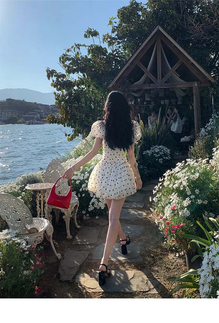 Polka Dot Birthday Party Dress Off Shoulder Puff Sleeve A-line Ball Gown Mini Dresses for Women Korean Fashion One Piece Vestido