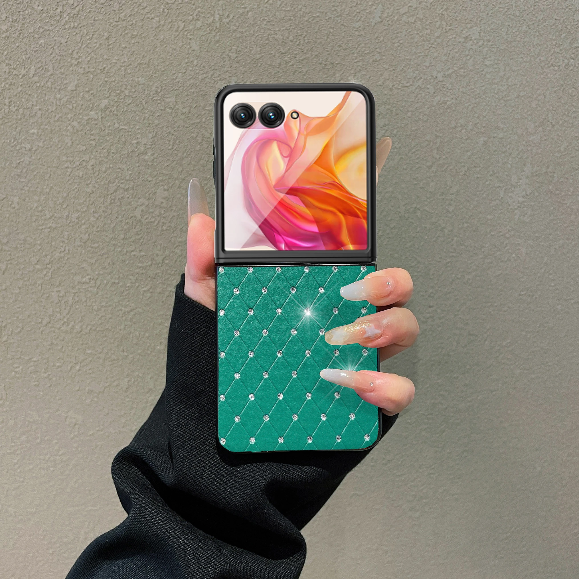 Rhombus Grid Pattern Leather Phone Case with Faux Diamond Ring Buckle