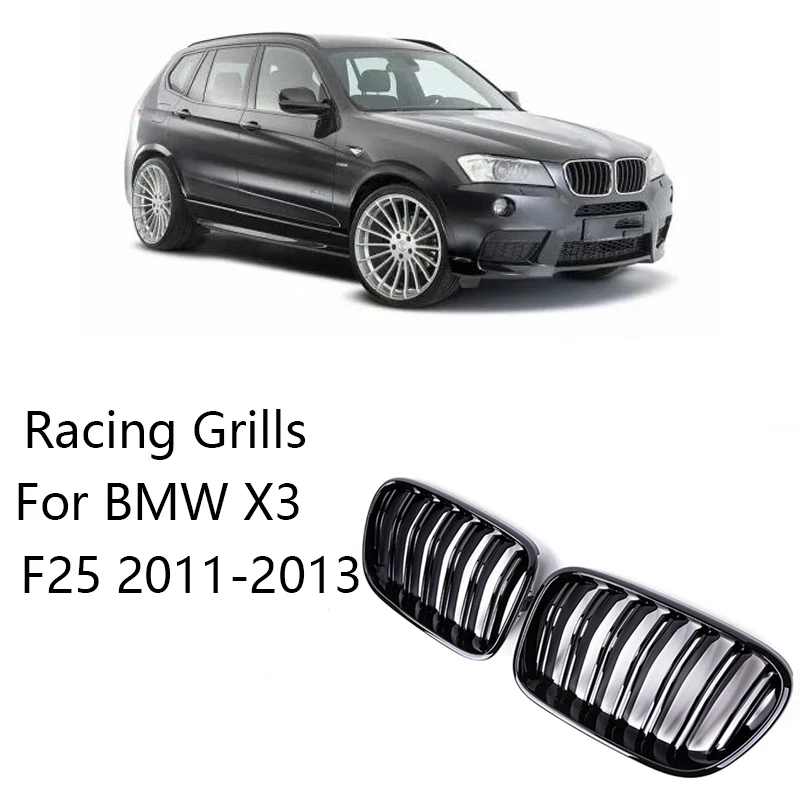 

2Pcs Car Front Bumper Grilles 2 Slat Racing Grills For BMW X3 F25 2011-2013 Dual Double Line Kidney Replacement