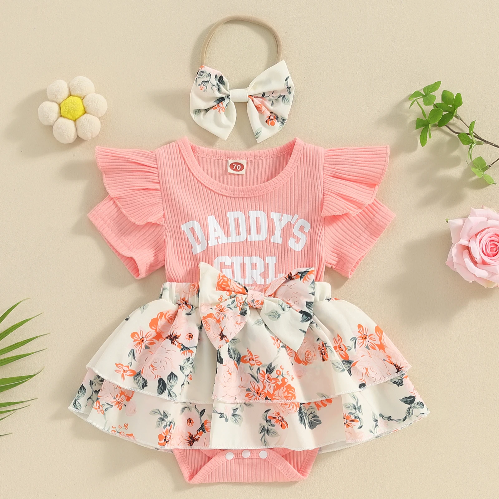 

Newborn Girl Summer Short Sleeve Crew Neck Letters Flower Print A-line Romper Dress with Bow Headband Clothes