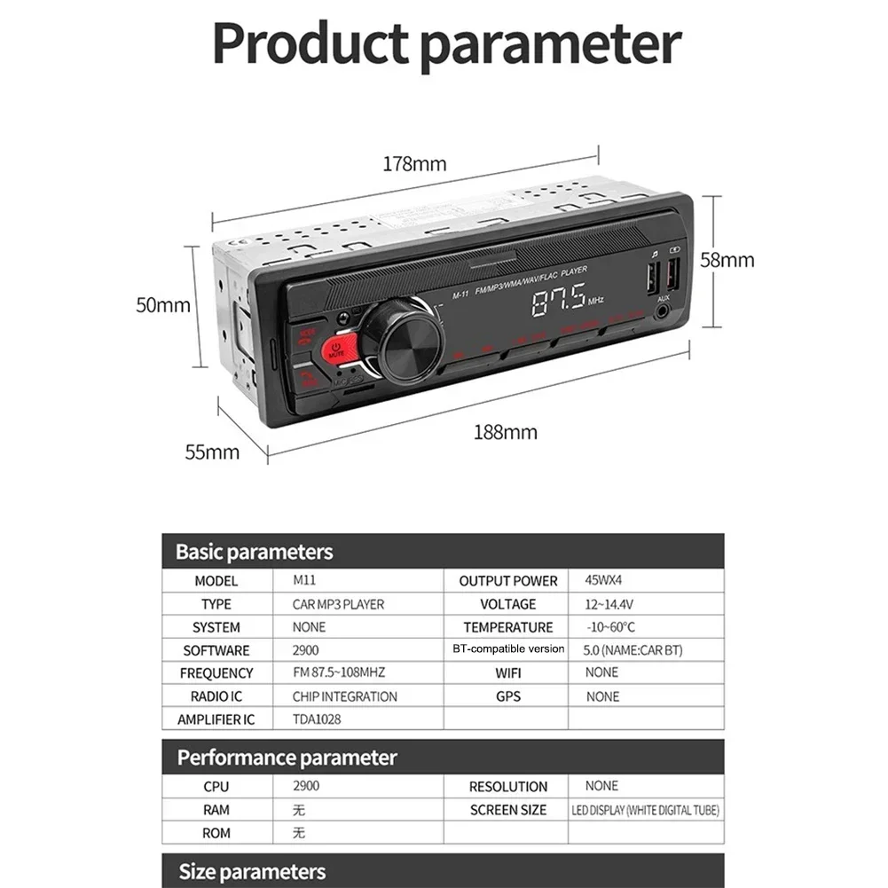 In-Dash Radio 178x50mm Car MP3 Player AUX Input Function High Universality Fitment Supports TF Card For Mobile Apps